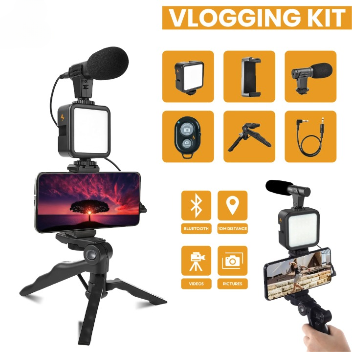 Professional Smartphone Vlogging Kit with LED Light, Microphone & Bluetooth Remote