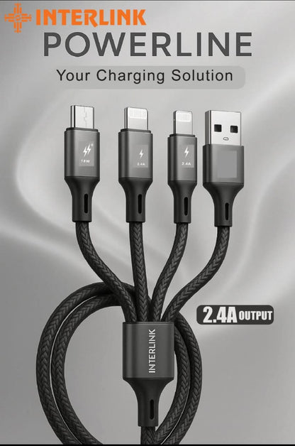 Interlink 3-in-1 Fast Charging Cable – USB to Type-C, Lightning & Micro USB