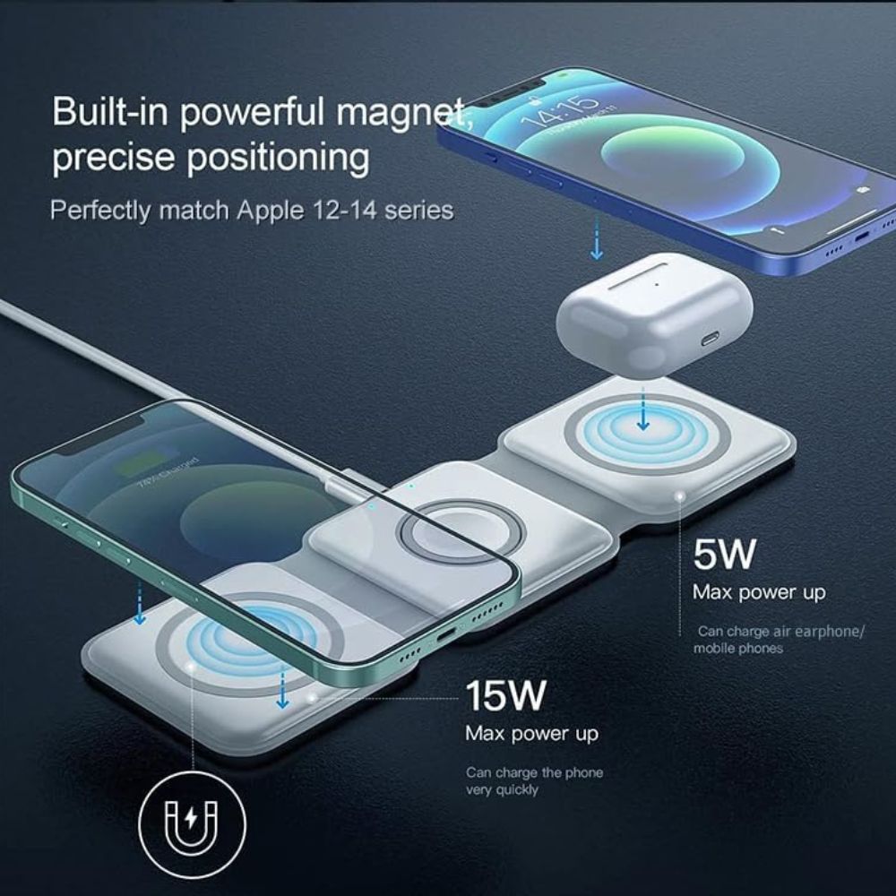 3-in-1 Magnetic Wireless Charging Station – Foldable Fast Charger for Phone, Smartwatch & Earbuds