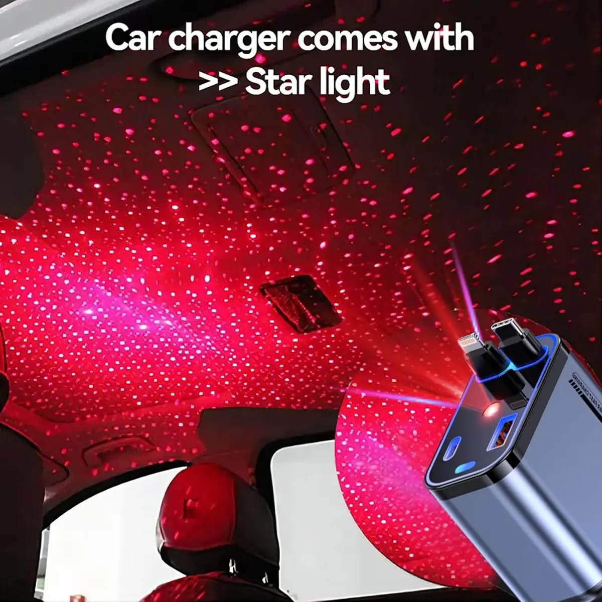 66W Retractable Fast Car Charger with Built-in USB-C Cable, USB-A & USB-C Ports