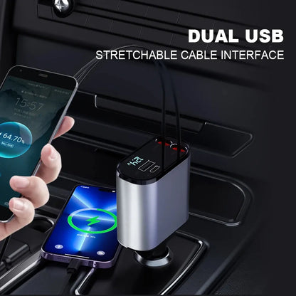 66W Retractable Fast Car Charger with Built-in USB-C Cable, USB-A & USB-C Ports