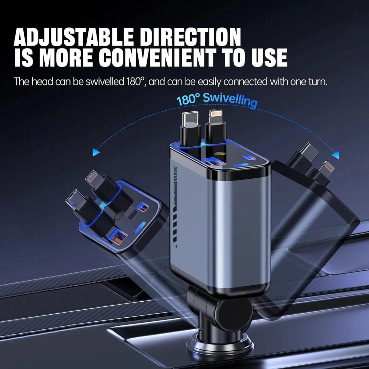 66W Retractable Fast Car Charger with Built-in USB-C Cable, USB-A & USB-C Ports