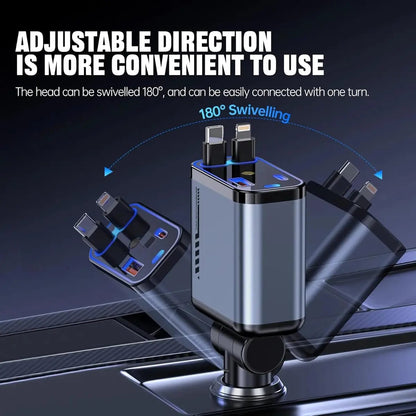 66W Retractable Fast Car Charger with Built-in USB-C Cable, USB-A & USB-C Ports